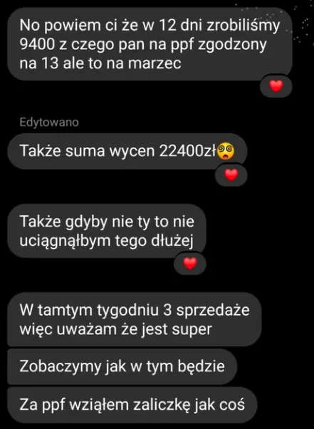 Wiadomość od klienta: 12 dni kampanii, 9400 zł i 22400 zł sumy wycen
